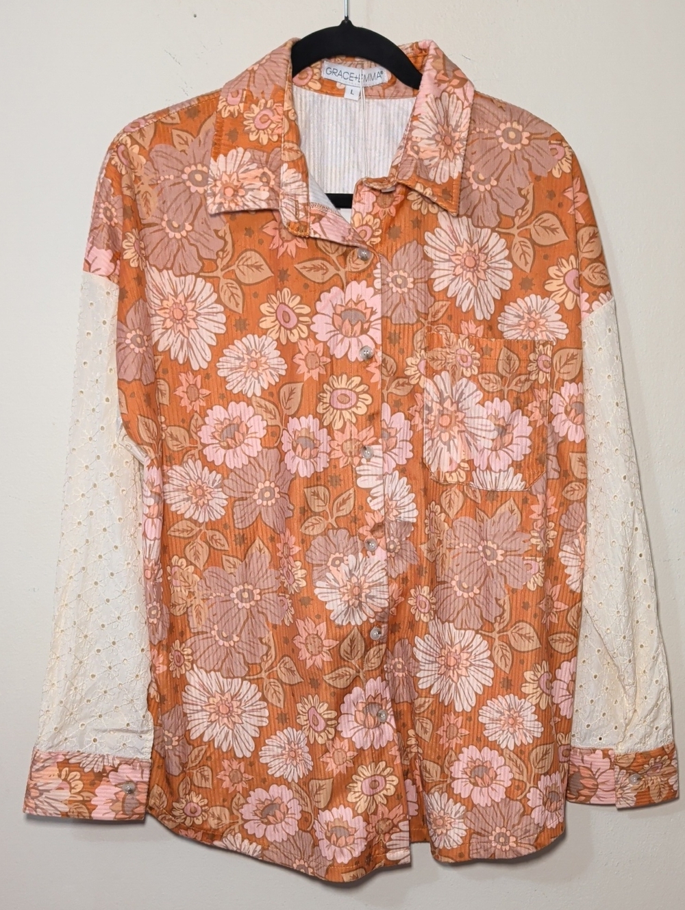 Grace + Emma Retro Floral Button-Up Blouse Orange Pink Eyelet Sleeves Mod Size L